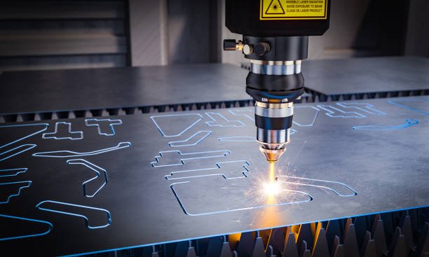 cnc laser machinery for metal cutting. 3d image render. Concept of automation in heavy industry.